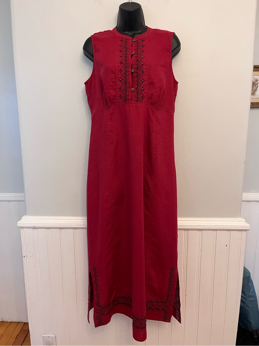 Sarah Spencer Dark Red Linen Embroidered Midi Dress, Size 10